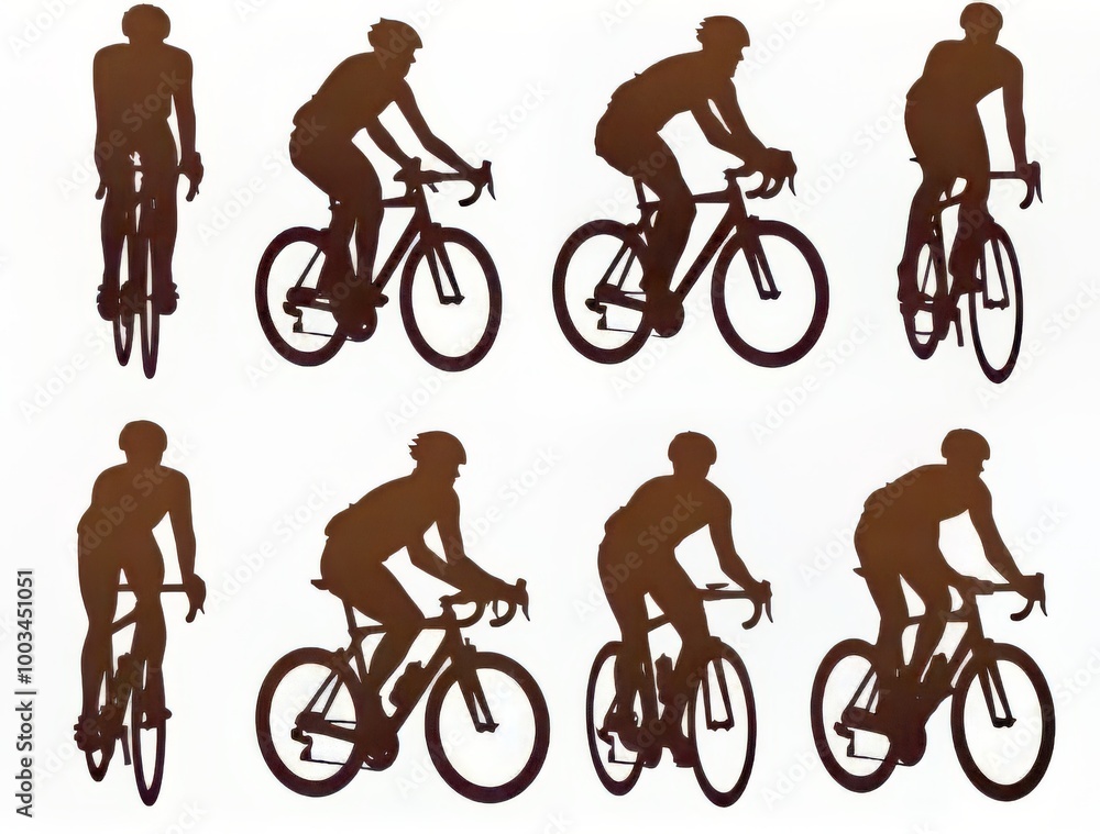 Obraz premium Dynamic silhouettes of male cyclists in action on bicycles.