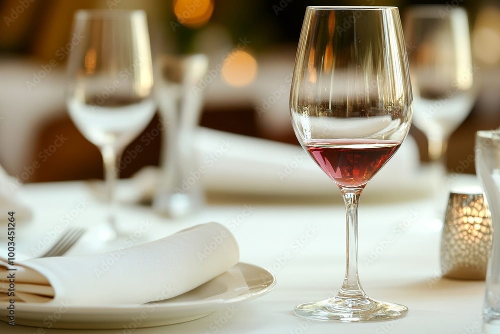 A glass of red wine on a table set for dinner. A glass of red wine on a table set for dinner.