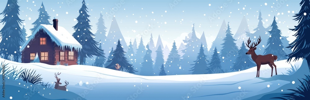 Winter Forest Scene with Cabin and Deer Winter Forest Scene with Cabin and Deer
