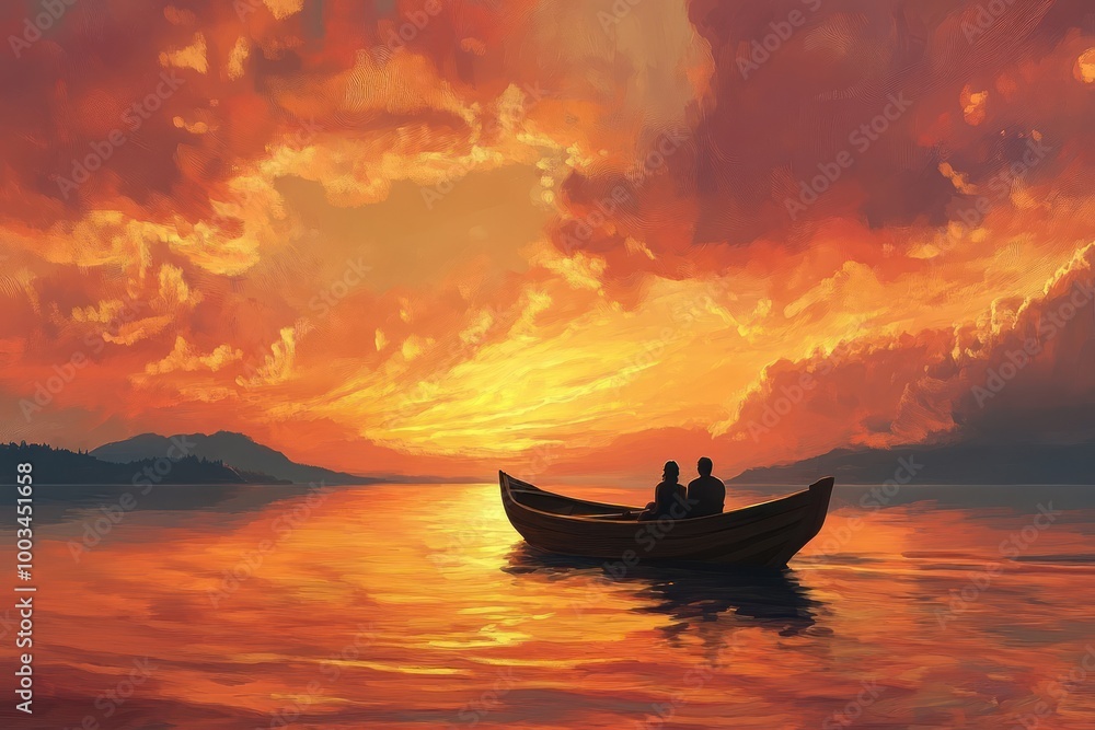 A couple in a small boat on a calm lake at sunset, with a beautiful orange and red sky. A couple in a small boat on a calm lake at sunset, with a beautiful orange and red sky.