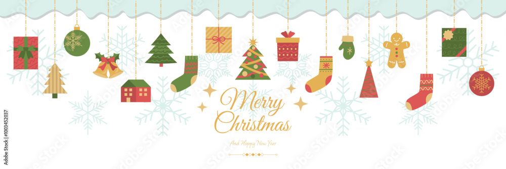 クリスマスオーナメントと雪の結晶イラストバナー クリスマスオーナメントと雪の結晶イラストバナー