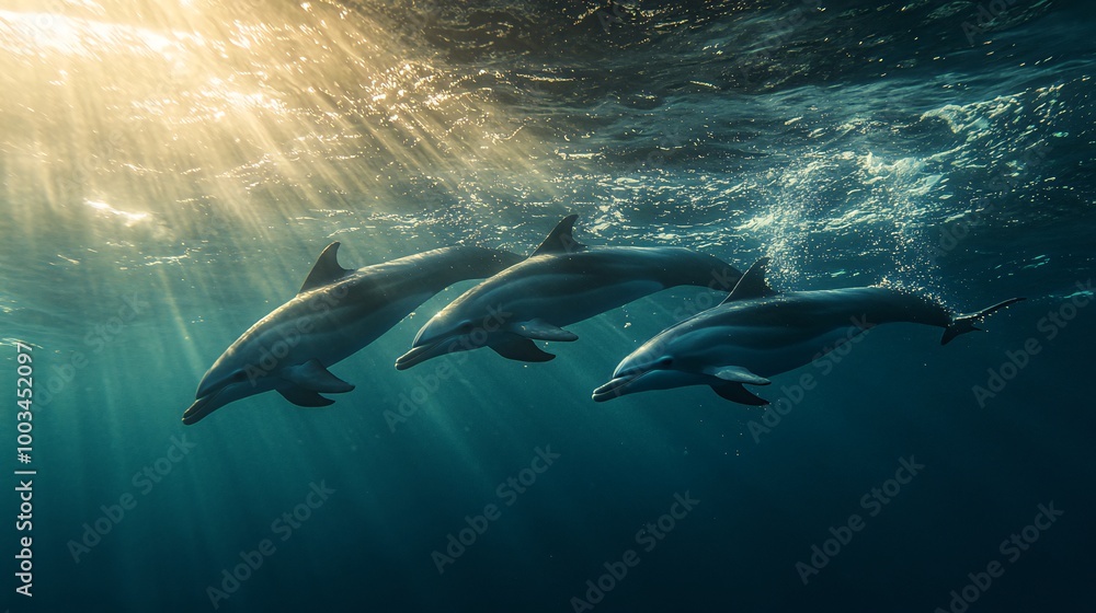 Naklejka premium Three dolphins swimming in the ocean, with sunbeams shining down through the water.