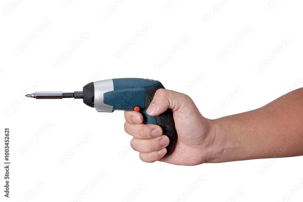 Male person hand holding electric power screwdriver, cut out isolated Male person hand holding electric power screwdriver, cut out isolated
