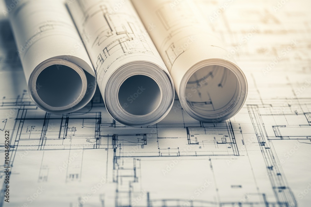 Rolled up blueprints for an architectural project lay on top of a larger blueprint with detailed lines and numbers. Rolled up blueprints for an architectural project lay on top of a larger blueprint with detailed lines and numbers.