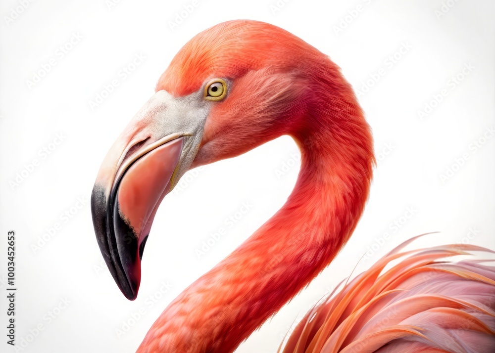 Fototapeta premium A lifelike flamingo, radiating tranquility, poses elegantly against a bright white backdrop, perfectly capturing the