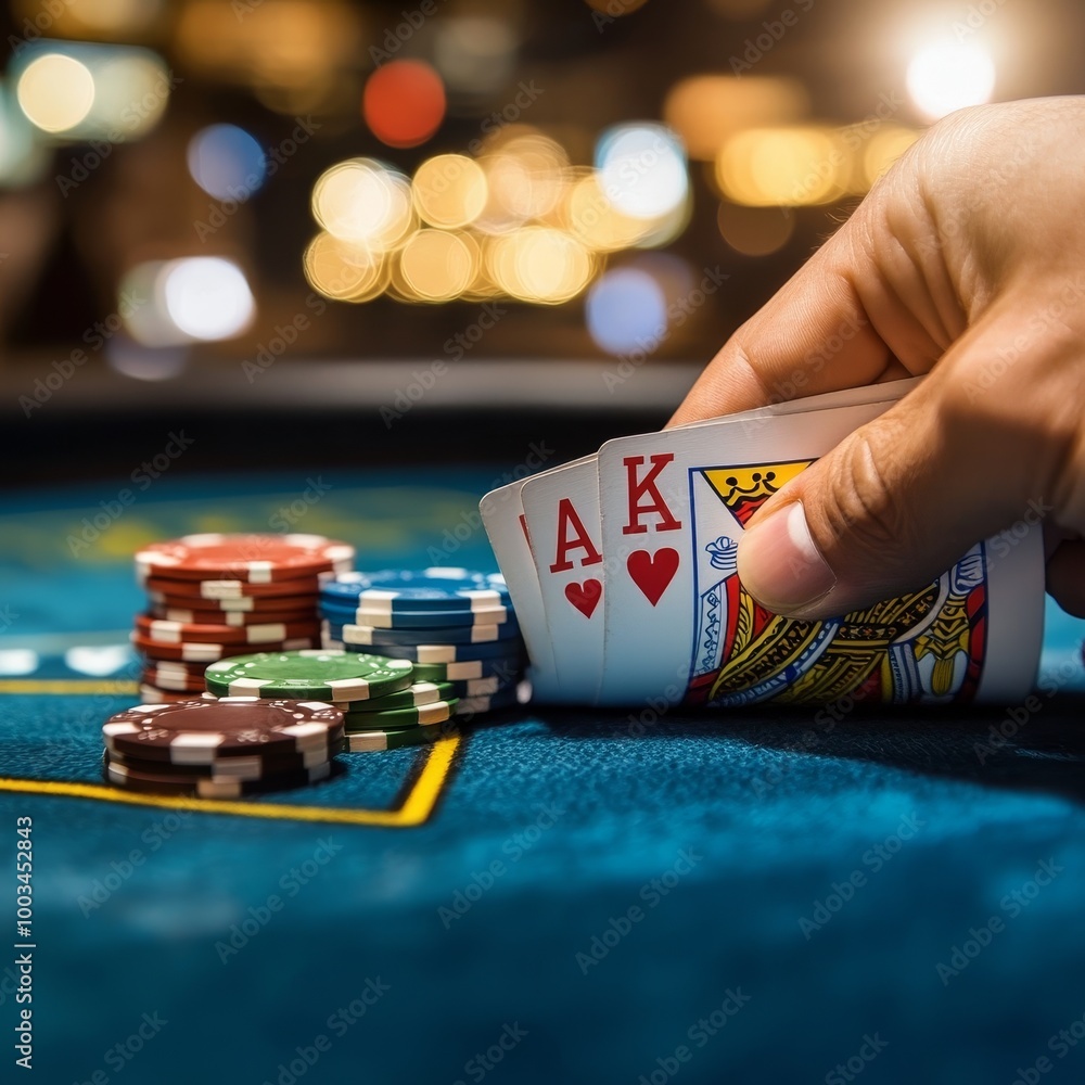 Casino theme image with playing cards and chips over bokeh background Casino theme image with playing cards and chips over bokeh background