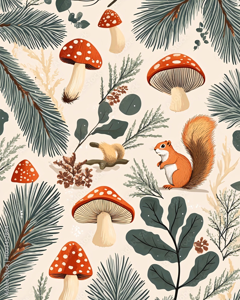 Obraz premium Seamless pattern with cute red mushrooms, pine branches, eucalyptus leaves, pine cones, and a squirrel on a cream background.