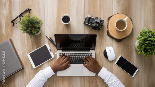 Business professionals working diligently in an office environment, collaborating on projects, signing documents, and holding meetings. Happy and productive workplace atmosphere with white-collar empl photo