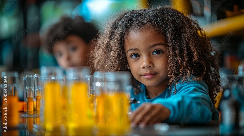 A child experiments with colorful liquids in a science setting, showcasing curiosity and learning. A child experiments with colorful liquids in a science setting, showcasing curiosity and learning.