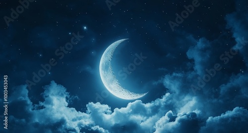 A crescent moon hangs in a deep blue night sky, illuminated by the twinkling stars and surrounded by fluffy white clouds.