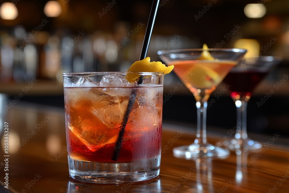 A single cocktail with ice cubes and a lemon twist, with two other cocktails out of focus in the background, on a wood table. A single cocktail with ice cubes and a lemon twist, with two other cocktails out of focus in the background, on a wood table.