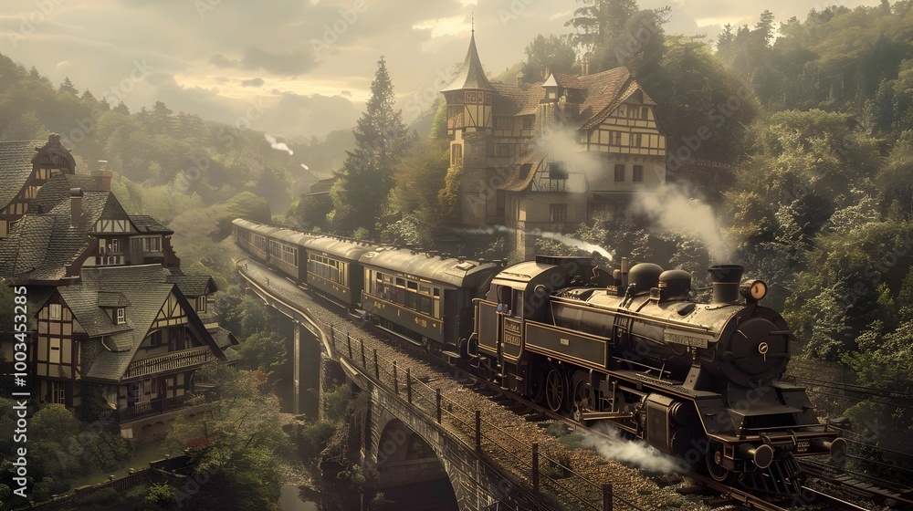 Fototapeta premium Train by the village Wallpaper. Background