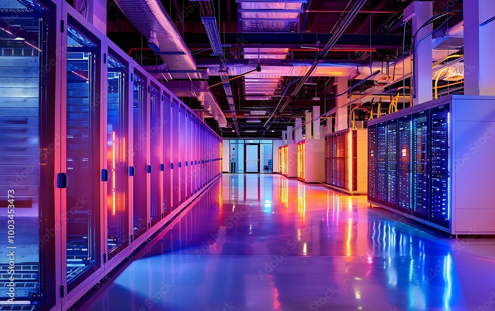 Fototapeta premium Expansive Data Center with Intricate Cabling and Pulsating Lights