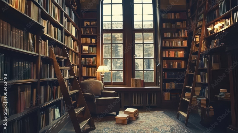 A cozy armchair sits in front of a large window in a room lined with bookshelves. A cozy armchair sits in front of a large window in a room lined with bookshelves.