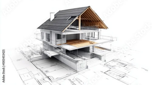 3D rendering of a house with cutaway view showing the interior structure.