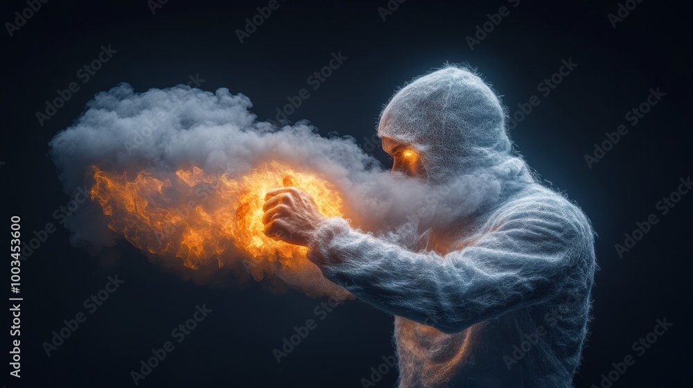 Person in ethereal attire conjuring fire and smoke, mystical atmosphere, dark backdrop. Person in ethereal attire conjuring fire and smoke, mystical atmosphere, dark backdrop.