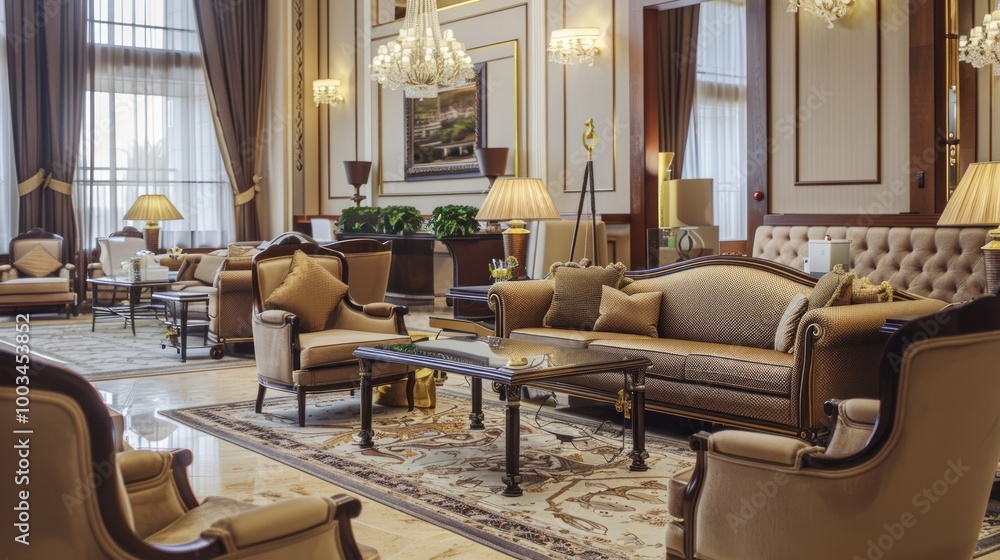 Luxurious hotel lobby interior with elegant furniture AI generated image Luxurious hotel lobby interior with elegant furniture AI generated image