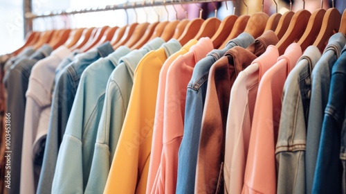 Wallpaper Mural Colorful Hoodies and Jackets Hanging on Wooden Hangers Torontodigital.ca