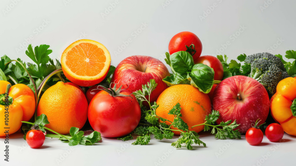 White background with cut vegetables and fruits ideal for health and health food publications. White background with cut vegetables and fruits ideal for health and health food publications.