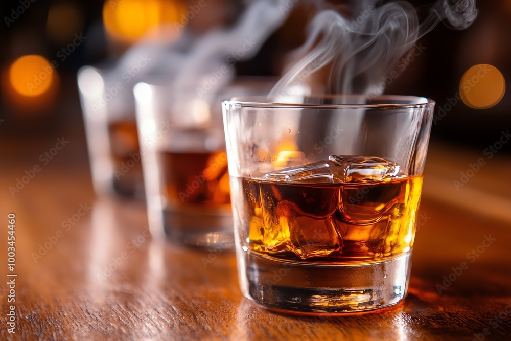 Three glasses of whiskey with ice and steam rising, warm ambiance, rustic wooden table. Three glasses of whiskey with ice and steam rising, warm ambiance, rustic wooden table.