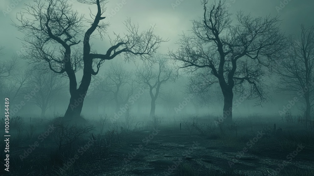 Foggy Forest with Bare Trees and Silhouettes Foggy Forest with Bare Trees and Silhouettes