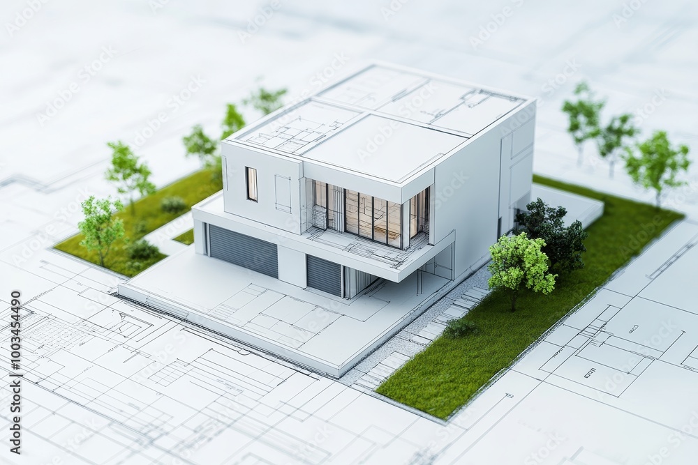 A 3D model of a modern house on top of a blueprint. Stock Photo | Adobe ...