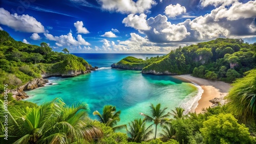 A peaceful Bottom Bay scene features calm waters, vibrant greenery, and crystalline blue skies above, creating a serene
