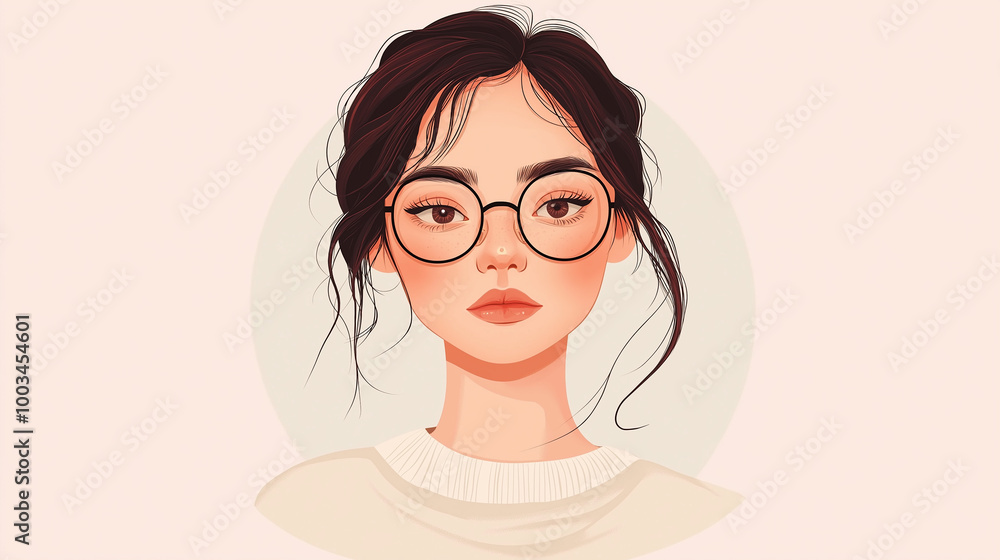 Young woman wearing glasses with neutral expression posing for portrait illustration Young woman wearing glasses with neutral expression posing for portrait illustration