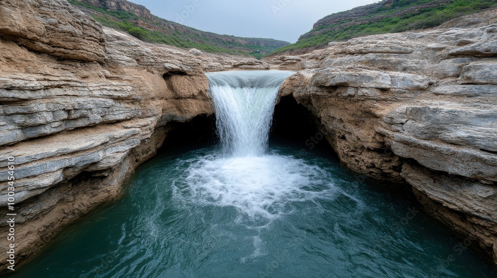 Fototapeta premium Scenic waterfall cascading into a serene turquoise pool, surrounded by rocky cliffs.