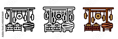 Gamelan Instrument Icon, Traditional Indonesian musical instruments, including gongs, metallophones, and drums, used in ensemble performances for cultural ceremonies.