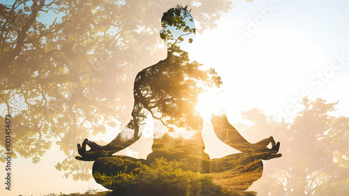 Double exposure of a meditating silhouette filled with imagery of bushes and trees, set against a bright morning sky