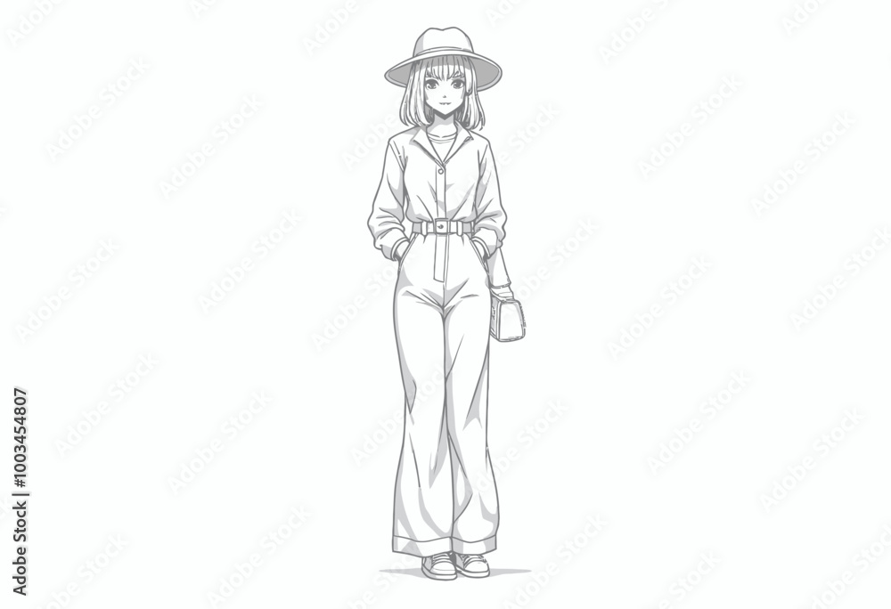 Trendsetting Anime Style: Minimalist Line Drawing of Fashion-Forward Model - Adult Coloring Book Page Featuring Chic Jumpsuit & White Hair Trendsetting Anime Style: Minimalist Line Drawing of Fashion-Forward Model - Adult Coloring Book Page Featuring Chic Jumpsuit & White Hair