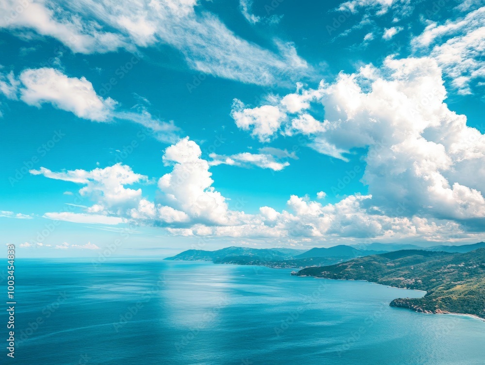 Obraz premium Blue sky with white clouds distant sea view