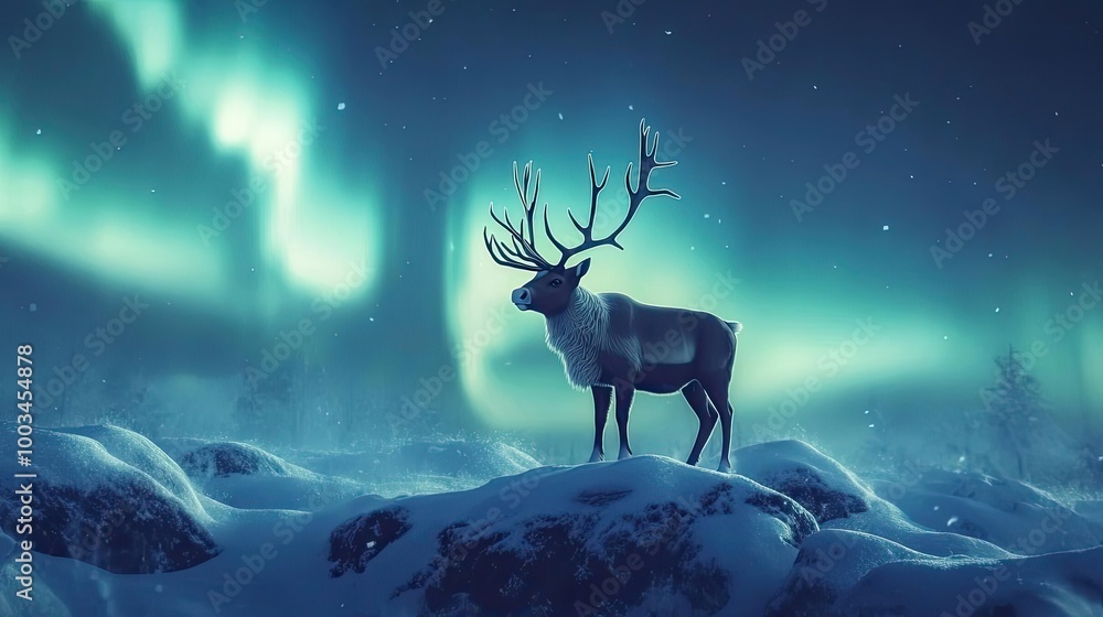 A majestic reindeer stands on a snow-covered rock under the enchanting auroras, creating a breathtaking winter landscape. A majestic reindeer stands on a snow-covered rock under the enchanting auroras, creating a breathtaking winter landscape.