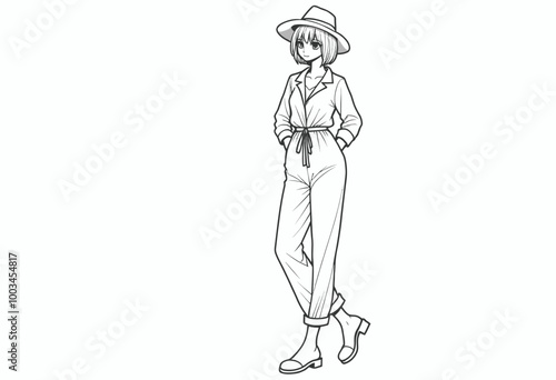 Chic Anime Fashion: Elegant Line Art of White-Haired Model in Trendy Jumpsuit - Stylish Coloring Book Page for Adult Anime & Fashion Enthusiasts