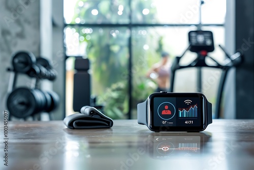 Health and fitness icons integrated into a digital interface on a modern fitness tracker with a minimalist gym setup in the background