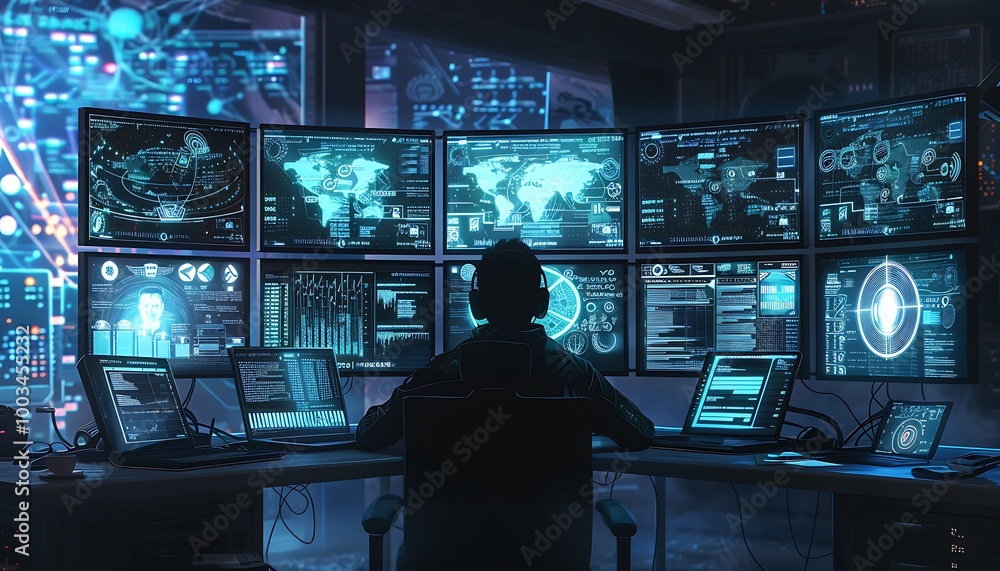 Cybersecurity Analyst Focused on Monitors Showing Encryption Codes Cybersecurity Analyst Focused on Monitors Showing Encryption Codes