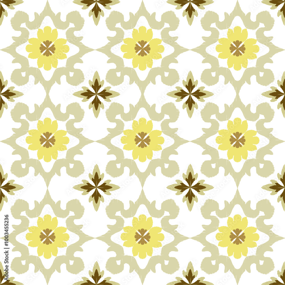 Brown, yellow, grey, and white embroidery, motif ethnic ikat seamless textile illustration, print striped ornament, pattern, design for wrapping, silk, scarf, clothing, textile, carpets, curtains. Brown, yellow, grey, and white embroidery, motif ethnic ikat seamless textile illustration, print striped ornament, pattern, design for wrapping, silk, scarf, clothing, textile, carpets, curtains.