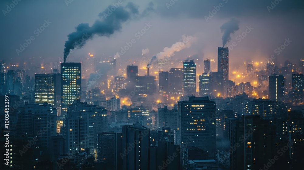 Cityscape with Smoke at Night Cityscape with Smoke at Night