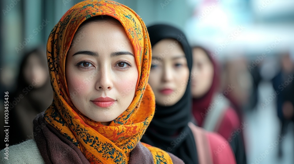 A close-up of a woman in a colorful hijab, with others blurred in the background. A close-up of a woman in a colorful hijab, with others blurred in the background.