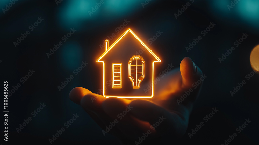 Businessman holding glowing house icon with lightbulb inside