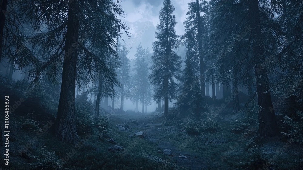 Obraz premium A Foggy Path Through a Dark and Mysterious Pine Forest