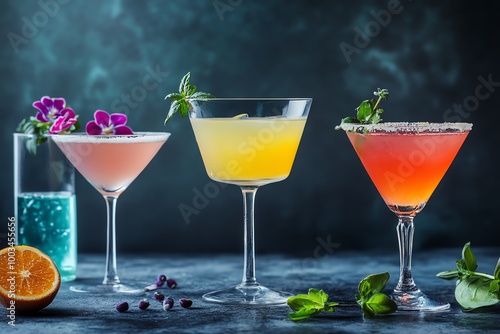 Three elegant cocktails with garnishes, vibrant colors on a dark background.