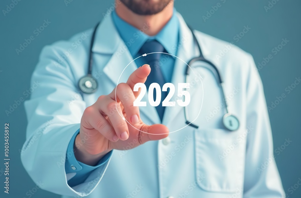 Healthcare in the New Year 2025, a doctor in a white coat - a healthcare uniform points to an icon with the numbers 2025, a medical icon, health. Healthcare in the New Year 2025, a doctor in a white coat - a healthcare uniform points to an icon with the numbers 2025, a medical icon, health.