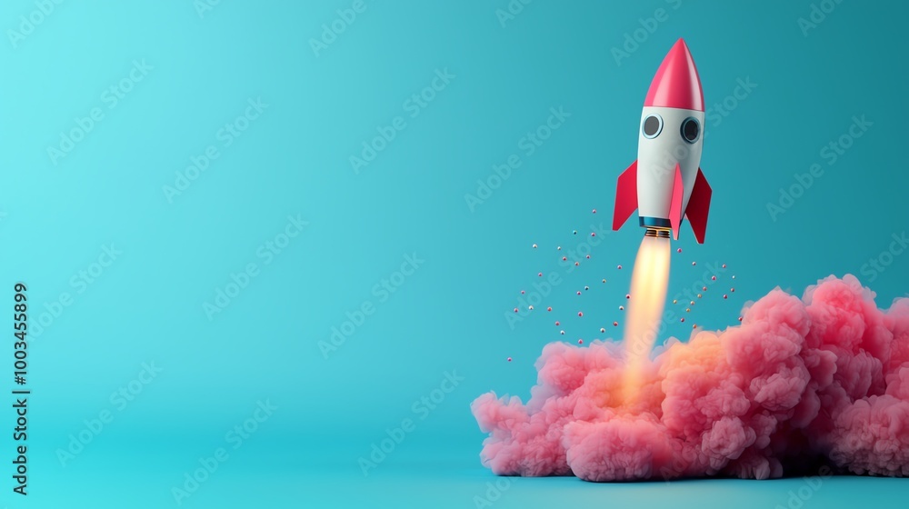 A colorful rocket launching with pink smoke against a blue background. A colorful rocket launching with pink smoke against a blue background.