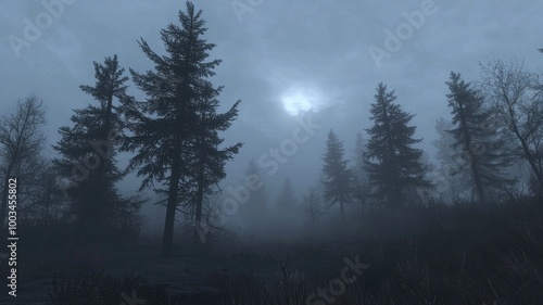 A Foggy Forest with Tall Trees and a Single Moonlit Cloud