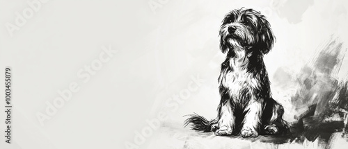 Tibetan Terrier Dog Sitting Peacefully Painted In Serene Landscape