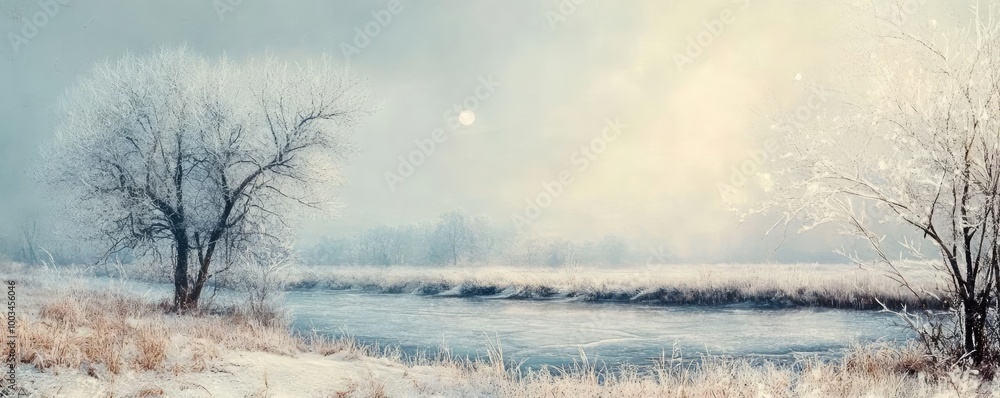 A serene winter landscape with a frozen river, frosty trees, and soft light creating a peaceful atmosphere. A serene winter landscape with a frozen river, frosty trees, and soft light creating a peaceful atmosphere.