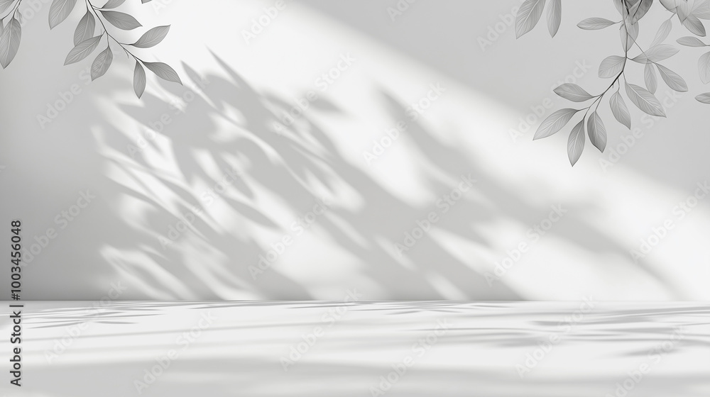 Empty white studio table with leaves shadows for product placement