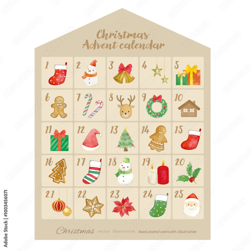 Φωτογραφία 水彩手書きのかわいいクリスマスのアドベントカレンダー素材背景なし